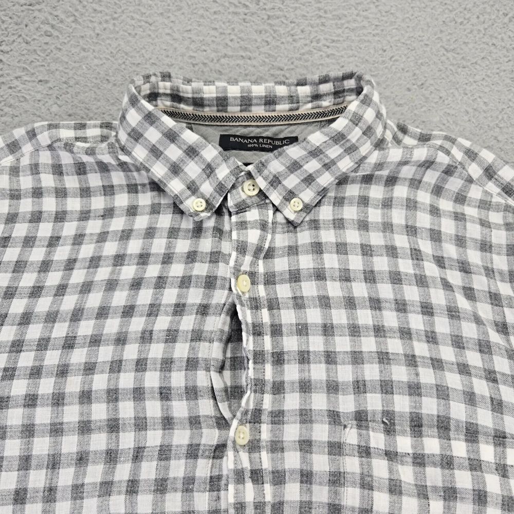 Banana Republic Shirt Mens XL Gray Linen Camden Fit Gingham Long Sleeve